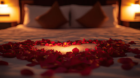 Scattered rose petals forming a heart in the center of a neatly made bed, with warm ambient lightingの素材