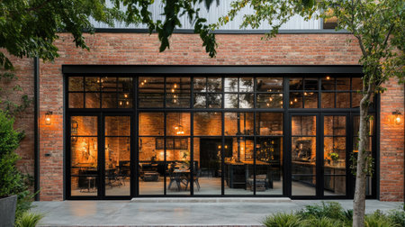 Sleek black-framed glass windows adding character to a stylish, industrial facadeの素材