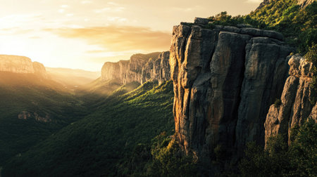 Sharp cliff face with dramatic stone textures rising above a lush mountain landscape under golden hour lightの素材