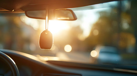 Stylish car air freshener hanging from the rearview mirror inside a clean, modern vehicle with soft sunlight streaming through the windowの素材