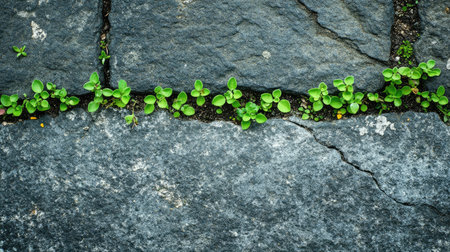 Tiny green plants emerging from cracks between weathered gray stones, symbolizing resilience and natural growthの素材