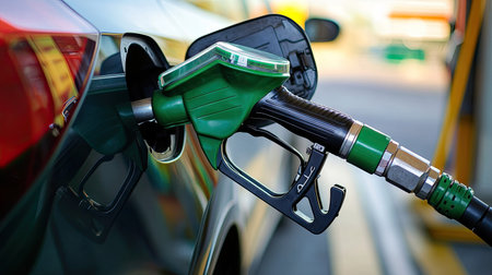 Side view of a green fuel nozzle inserted into a car's tank at a gas station with blurred backgroundの素材