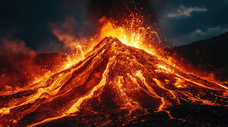 The raw energy of a volcanic eruption captured in high resolution, with sparks, ashes, and liquid lava in actionの素材