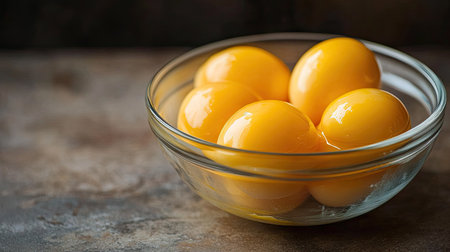 Smooth yellow yolks resting in a glass bowl, isolated and well-lit for editorial food photographyの素材