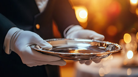 Waiter in white gloves offering a polished silver platter with soft lighting creating highlights and reflectionsの素材