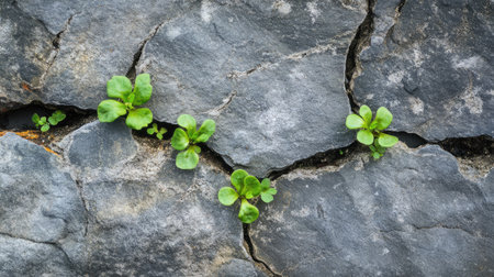 Tiny green plants emerging from cracks between weathered gray stones, symbolizing resilience and natural growthの素材
