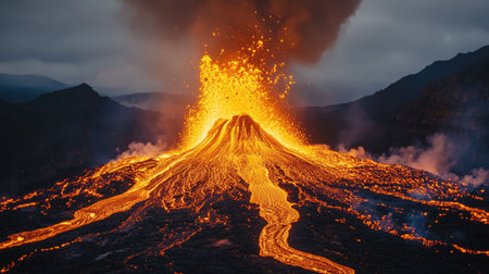 The moment a volcano's crater overflows, sending rivers of lava down its slopes in a fiery cascadeの素材