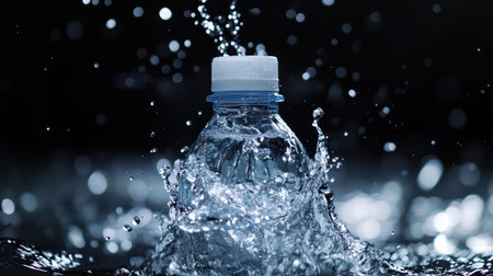 Splash and droplets form a dramatic pattern after a water bottle is opened, perfect for lifestyle and health imageryの素材