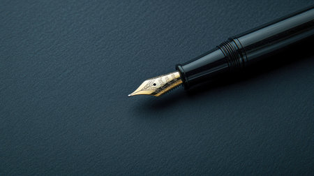 Top-down view of a black fountain pen resting atop a sheet of dark paper, emphasizing elegance in writing and designの素材