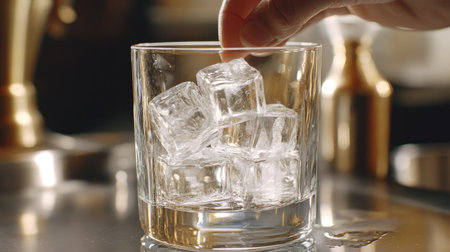 Transferring ice cubes by hand into a glass, adding texture and a fresh chillの素材