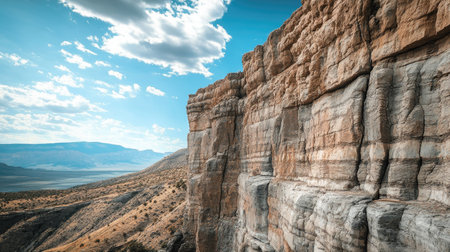 Vertical cliff wall with deep cracks and stone layers set against a distant mountain backdrop and blue skyの素材