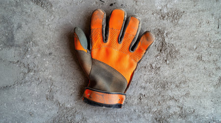 Work gloves with orange grip side facing up, placed neatly on a concrete background, symbolizing readiness and safetyの素材