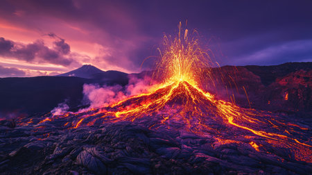 Volcanic eruption at dusk, with sparks and lava shooting into the purple-black sky, reflecting a powerful force of natureの素材