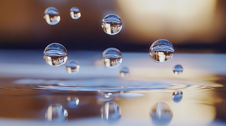 Transparent water drops suspended above their reflection on a mirror-like surfaceの素材