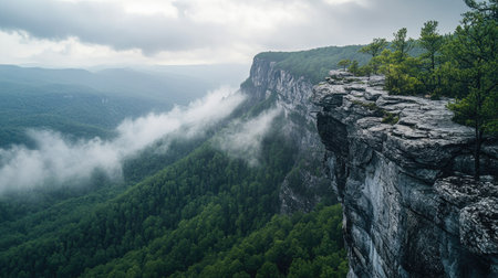 Wide view of a stone cliff jutting out above the forested mountain slopes with clouds drifting through the peaksの素材