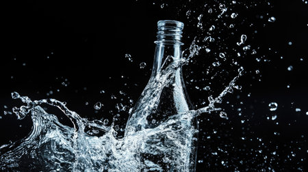 The pure rush of water as a bottle is opened, captured against a spotless black backgroundの素材