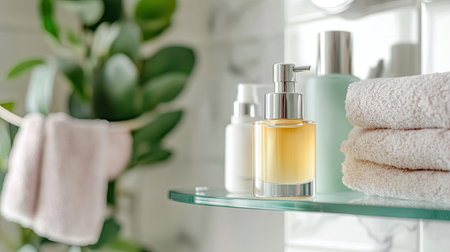 Close-up of luxury serum lotion bottle on transparent glass shelf surrounded by skincare essentials in a bright bathroom settingの素材