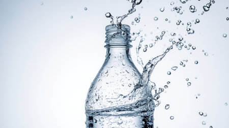 Water drops explode from a freshly opened bottle, captured in high resolution against a pure white backdropの素材