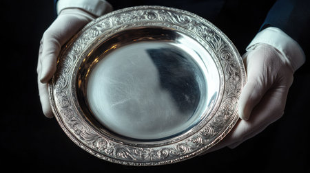 White gloved hand presenting an empty silver plate, emphasizing attention to detail and luxury dining experienceの素材