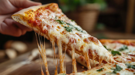 The texture of a pizza slice held up by a hand, emphasizing its melty cheese and toppingsの素材