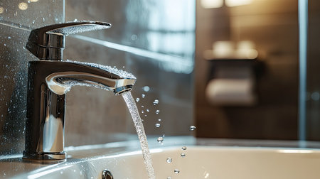 Water drops falling from a faucet in a spotless, contemporary restroomの素材