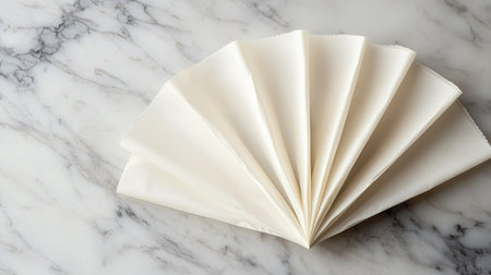 White paper napkins arranged in a fan shape on a marble surface, conveying elegance and table settingの素材