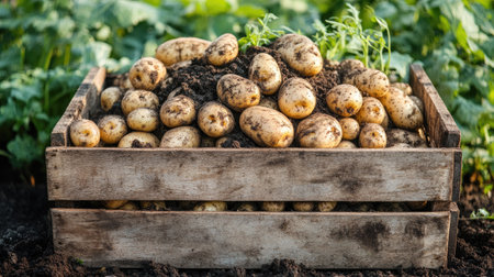 Wooden box filled with a large pile of creamy, dirt-covered potato tubers, with green shoots in viewの素材
