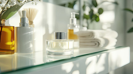 Close-up of luxury serum lotion bottle on transparent glass shelf surrounded by skincare essentials in a bright bathroom settingの素材