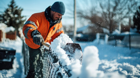 Worker tapping a shovel against a fence to dislodge excess snowの素材