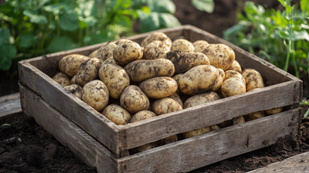 Wooden box filled with a large pile of creamy, dirt-covered potato tubers, with green shoots in viewの素材