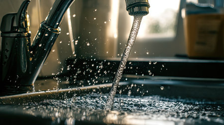 Water gracefully falling from a designer faucet into a sinkの素材