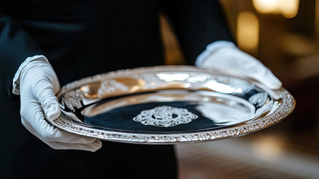 White-gloved hand with silver tray angled toward the camera, symbolizing premium service and eleganceの素材