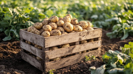 Wooden box placed in a potato field, filled to the top with freshly dug, dirt-covered produceの素材