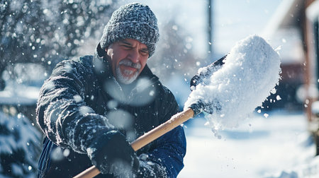 Worker shaking off excess snow from his shovel, ready for the next clearingの素材