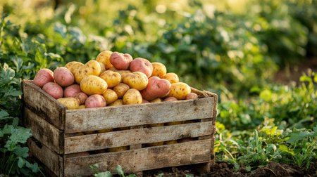 Wooden crate brimming with raw russet and yellow potatoes, placed in a lush countryside settingの素材