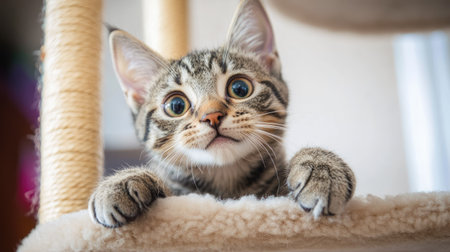 Young tabby cat stretching its paws on the highest perch of a carpeted cat tower, showing off its playful moodの素材
