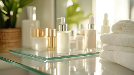 Close-up of luxury serum lotion bottle on transparent glass shelf surrounded by skincare essentials in a bright bathroom settingの素材