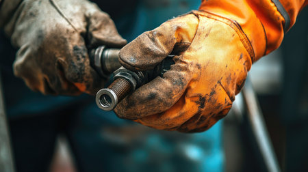 Worker wearing orange-grip gloves tightening a bolt, close-up shot showing texture and hand protectionの素材