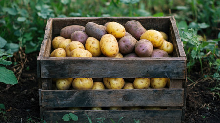 Wooden crate brimming with raw russet and yellow potatoes, placed in a lush countryside settingの素材