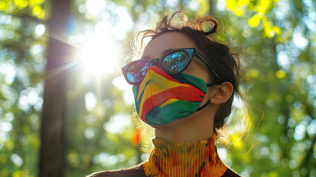 Woman wearing a colorful fabric mask, standing in a park with sunlight filtering through the treesの素材