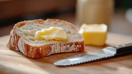 Close-up of soft bread slice with melting butter and knife on wooden cutting board, highlighting textures and freshnessの素材