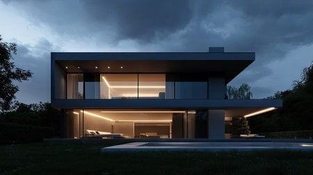 Contemporary villa at night, showcasing exterior lighting, minimalist design, and glowing windows against dark skyの素材