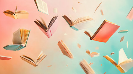Colorful books flying in midair against a pastel background, pages open as if floating magically in motionの素材