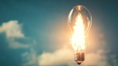 Conceptual image of a light bulb with rocket flames blasting off into the sky, symbolizing innovation, progress, and imaginationの素材