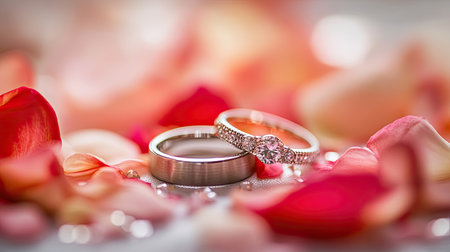 Close-up of wedding rings on a table surrounded by soft petals or confetti, creating a romantic and celebratory atmosphereの素材