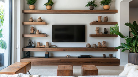 Elegant contemporary home featuring floating wooden shelves flanking a mounted TV, decorated with plants and sculpturesの素材