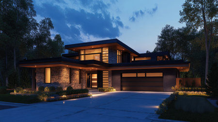 Contemporary night scene of a house with illuminated windows, ambient driveway lighting, and modern architectural detailsの素材