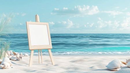 Minimalist coastal scene with wooden easel and blank canvas, surrounded by sand, shells, and tranquil blue ocean waterの素材