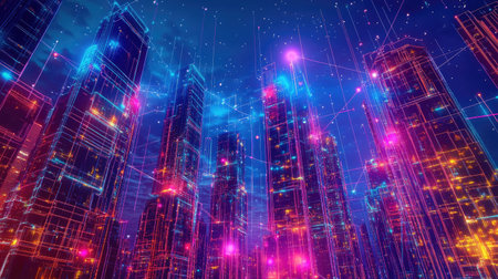 Concept of wireless connectivity in metropolitan area, modern skyscrapers linked with abstract neon network linesの素材