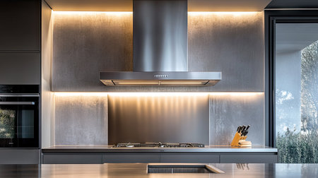 Metallic kitchen hood extractor fan installed above cooktop in luxury kitchen, highlighting technology and styleの素材